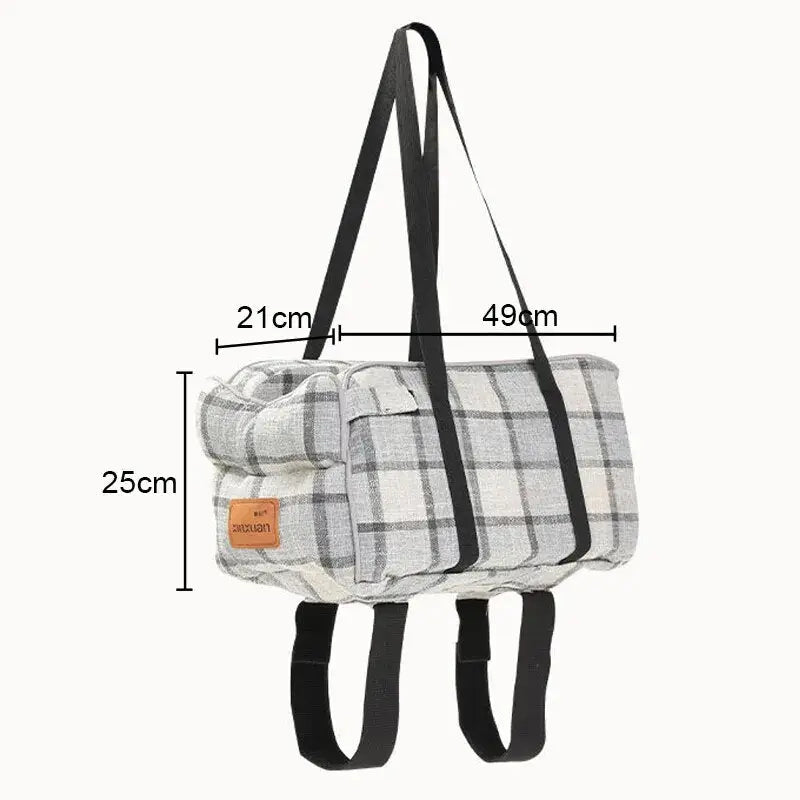 Sac à carreaux gris avec sangle noire pour siège de voiture de voyage pour chats, idéal pour réconforter les animaux