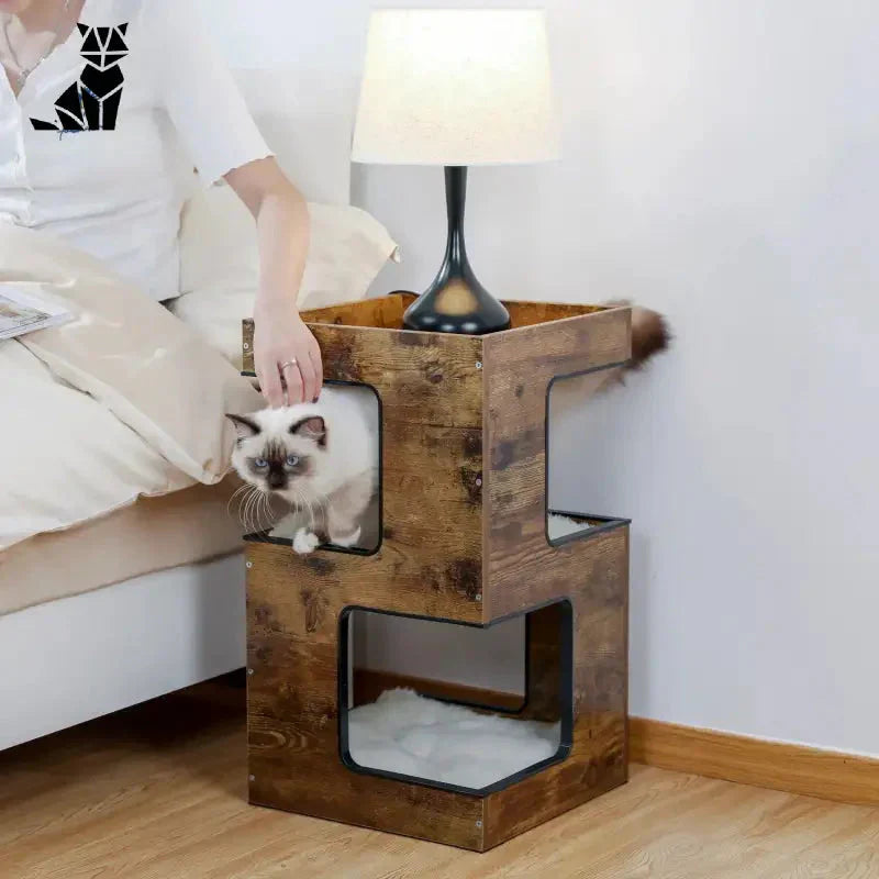 Femme sur un lit avec un chat et Feline Elegance™ cat tree (arbre à chat) en arrière-plan