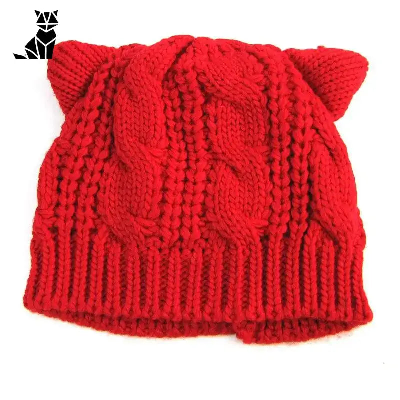 Bonnet Chat Kawaii Avec Petites Oreilles En Coton Tricoté à La Main - Rouge