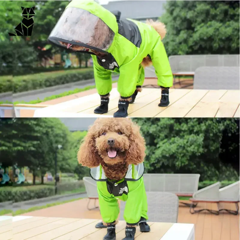 Chien avec protection optimale en imperméable vert, bottes et capuche transparente