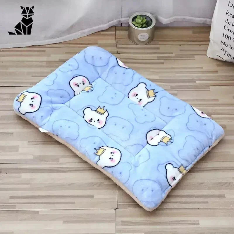 Tapis doux Warmth Welcome : Tapis doux peluche, lit pour chien bleu et blanc avec motifs de dessins animés