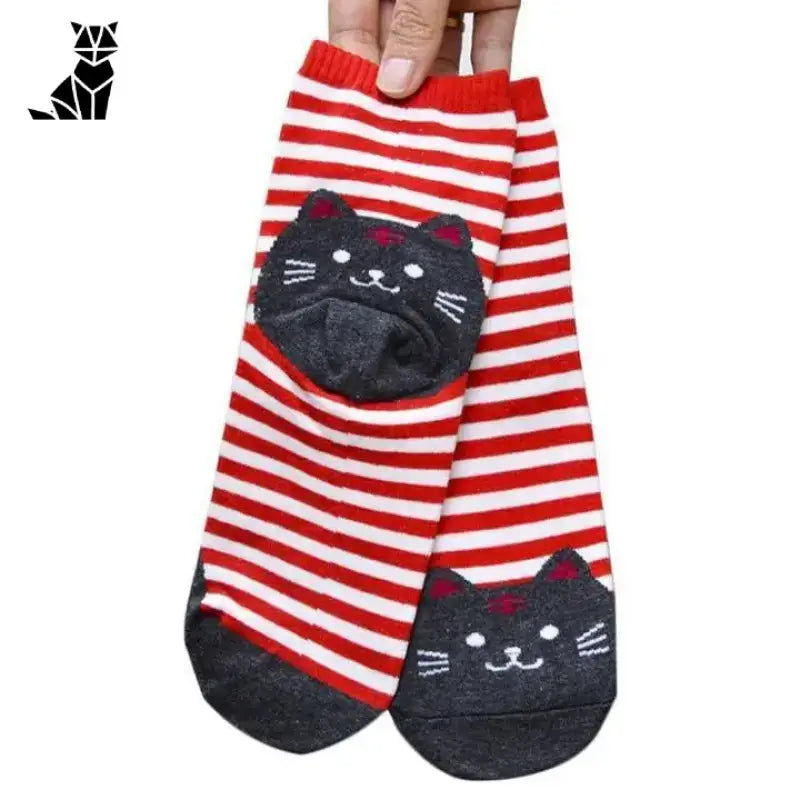 Chaussettes Chats Adorables Avec Rayures Colorées Et Broderies Mignonnes - Rouge