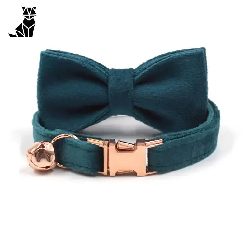 Collier pour chat avec nœud papillon vert et boucle or rose en velours de qualité - Magnifique collier chat