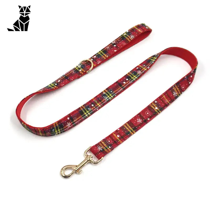 Collier pour chien festif - motifs à carreaux rouges et verts avec laisse rouge et boucle dorée