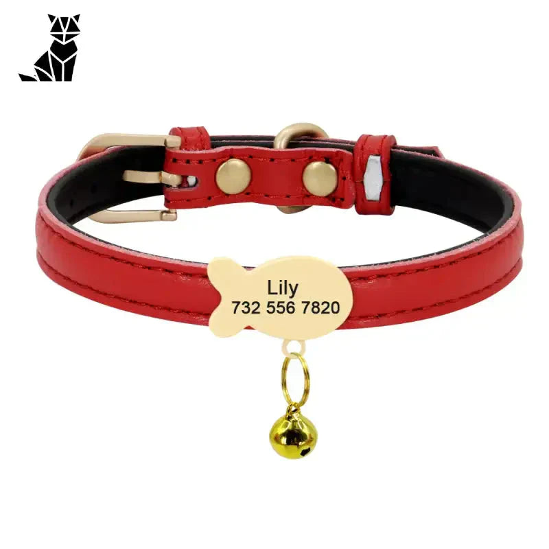 Collier personnalisé pour chat en cuir rouge avec cloche dorée - Élégance et identification