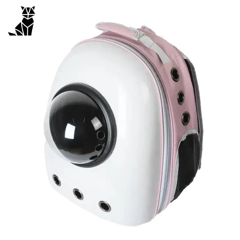 Casque blanc avec bordure rose et yeux noirs pour le sac à dos transparent pour chat : Vue panoramique pour les animaux